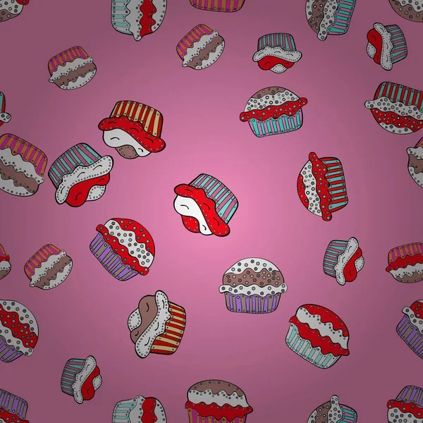 Colorido Vector Fondo Con Colección Confitería Cupcakes Sin Costura Dibujado — Vector de stock