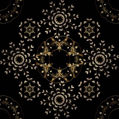 Siyah, kahverengi ve beyaz renkler altın çiçek elemanları ile altın seamless modeli. Vektör geometrik arka plan. Altın rengi Dikişsiz illüstrasyon. Tasarımlarınız için duvar kağıdı.