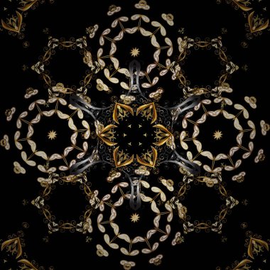 Çiçek süsleme brokar Tekstil desen, cam, metal çiçek desenli siyah, kahverengi ve beyaz renkler altın elemanları ile birlikte. Klasik vektör altın seamless modeli.