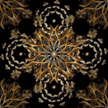 Siyah, kahverengi ve bej renkler altın elemanları ile altın izi. Seamless altın modeli. Vektör şark süsleme.