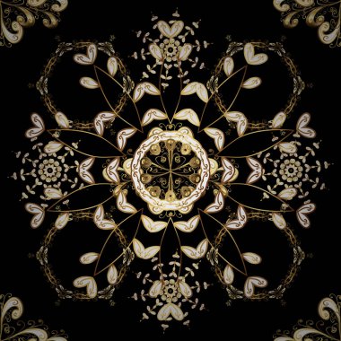 Sorunsuz altın doku bukleler. Siyah, beyaz ve kahverengi renkleri altın elemanları ile Seamless modeli. Arabesk. Parlak dantel, stilize çiçekler, paisley. Ajur narin altın desen. Vektör.
