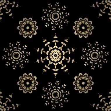 Zemin, kumaş, altın duvar kağıdı. Düz el vintage koleksiyonu çekilmiş. Siyah, beyaz ve kahverengi renkleri altın elemanları ile altın izi. Vektör altın seamless modeli.