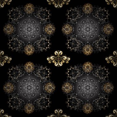 Altın anahat çiçek dekor. Vektör çizim davetiyeler, kartları, web sayfası için. Doğu stil öğesi. Siyah, gri ve kahverengi renkleri altın öğesinde. Tasarım şablonunun sanat sorunsuz kenarlık çizgisinin.