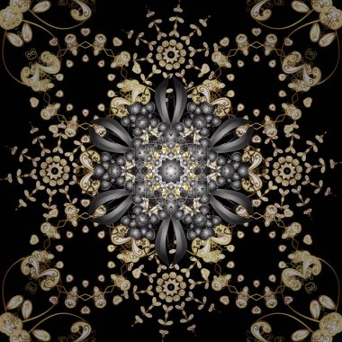 Dikişsiz Ortaçağ çiçek Kraliyet desen. Dekoratif simetri arabesk. Vektör çizim. Siyah, gri ve beyaz renkleri altın. İyi Doğum günü, davet veya afiş için tebrik kartı.