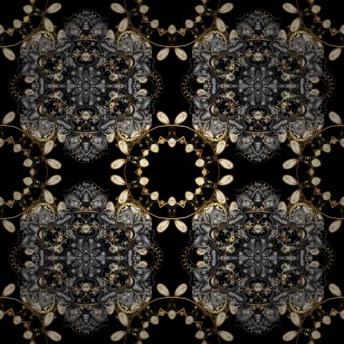Vektör şark süsleme. Siyah, gri ve kahverengi renkleri altın elemanları ile Seamless modeli. Dikişsiz altın desen.