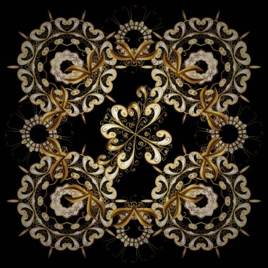 Damasko Dikişsiz desen yinelenen arka plan. Antika altın yinelenebilir duvar kağıdı. Altın çiçek süsleme barok tarzı. Siyah, bej ve kahverengi renkleri altın öğesi.