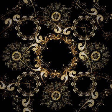 Sorunsuz dokulu bukleler. Siyah, kahverengi ve sarı renkleri altın elemanları ile oryantal tarzı Arabesk altın desen. Vektör altın desen.