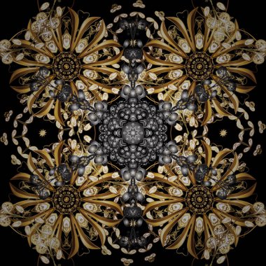 Siyah, kahverengi ve gri renkler altın çiçek elemanları ile altın seamless modeli. Vektör geometrik arka plan. Altın rengi Dikişsiz illüstrasyon. Tasarımlarınız için duvar kağıdı.