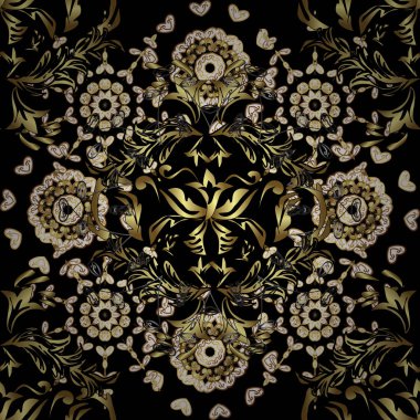 Vektör çizim. Siyah, kahverengi ve nötr renkler altın elemanları ile Vintage seamless modeli.