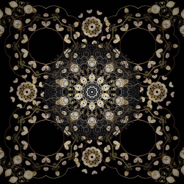 Vektör çizim. Damasko klasik altın Dikişsiz desen. Siyah, gri ve kahverengi renkleri altın elemanları ile altın seamless modeli. Yinelenen öğeleri ile vektör arka plan.