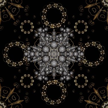 Damasko arka plan. Altın çiçek seamless modeli. Bir siyah, gri ve kahverengi renkleri altın öğesinde. Barok tarzı altın çiçek süsleme.