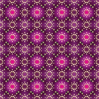 Klasik vektör altın seamless modeli. Çiçek süsleme brokar Tekstil desen, cam, mor, beyaz ve kahverengi renkleri altın elemanları ile çiçek desenli metal.