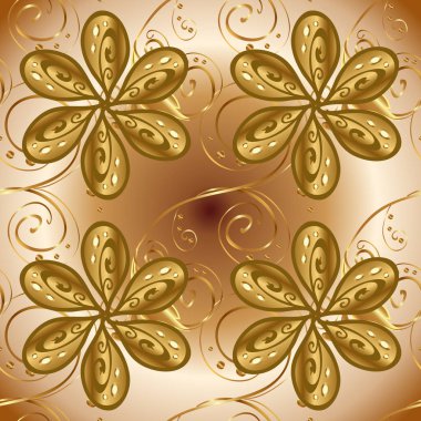 Bej, kahverengi ve sarı renkler altın elemanları ile Seamless modeli. Seamless altın modeli. Vektör şark süsleme.