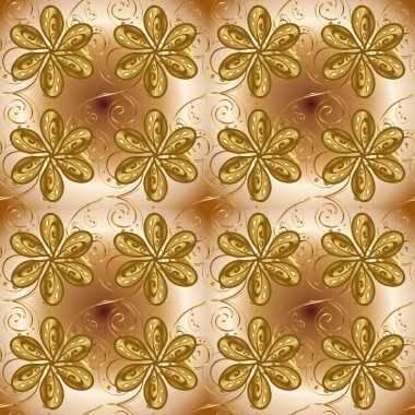 Klasik vektör altın seamless modeli. Çiçek süsleme brokar Tekstil desen, cam, bej, kahverengi ve sarı renkler altın elemanları ile çiçek desenli metal.
