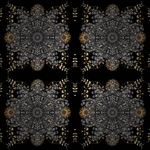 シームレスなテクスチャ カール 黄金の要素と黒 灰色および茶色色のオリエンタル スタイル アラベスク黄金パターン ベクトルの黄金パターン — ストックベクタ