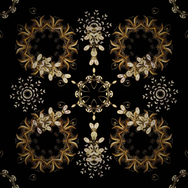 ベクター黄金の花飾り錦布とガラス パターン 黄金の要素と黒 ブラウンおよびベージュ色 シームレスな黄金パターン 花柄のゴールド メタル — ストックベクタ
