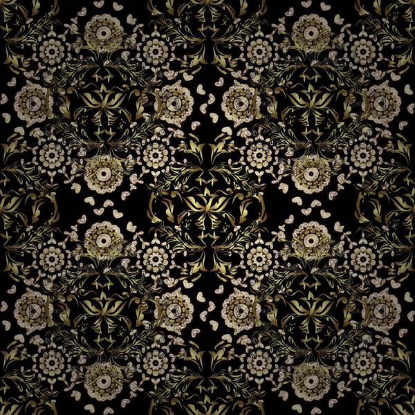 Zlatá Černé Hnědé Bílé Barvy Středověké Květinové Královský Vzor Bezešvé — Stockový vektor