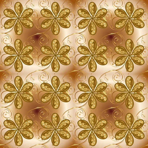 Klasik vektör altın seamless modeli. Çiçek süsleme brokar Tekstil desen, cam, bej, kahverengi ve sarı renkler altın elemanları ile çiçek desenli metal.