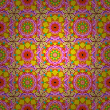 Bahar Tema Dikişsiz desen arka plan rengi. Turuncu, sarı ve pembe renkli sevimli çiçek deseni. Vektör moda kumaş deseni. Düz çiçek öğeleri tasarım.