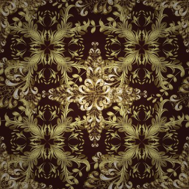 Oryantal tarzı arabesk altın öğeleri. Sorunsuz altın dokulu bukleler. Dikişsiz desen kahverengi, tarafsız ve sarı renkler. Vektör altın seamless modeli.