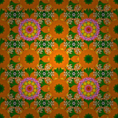 Vektör çizim. Turuncu, yeşil ve sarı renkler çiçekler. El çiçek çizimi ile soyut seamless modeli.