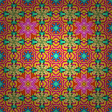 Düz çiçek öğeleri tasarım. Sevimli çiçek vektör desen. Yaz tema Dikişsiz desen arka plan rengi. Sarı, kırmızı ve yeşil renklerde çiçekler.