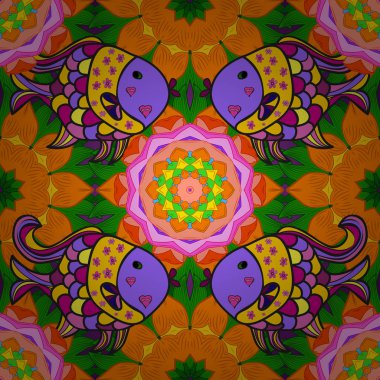 Yüzme sualtı illüstrasyon renkli balık ile sorunsuz sahne. Yeşil, pembe ve turuncu renkler üzerinde balıklar. Vektör çizim.