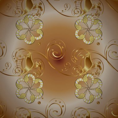 Sorunsuz kraliyet lüks altın Barok damasko vintage. Altın antika çiçek Ortaçağ dekoratif, yaprakları ve altın desen süsler bej, kahverengi ve sarı renkleri ile vektör seamless modeli.