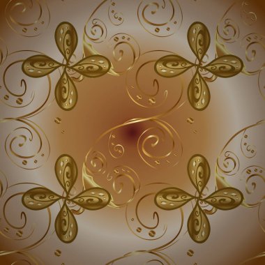 Vektör soyut çiçek çelenk altın doodle fantezi yaprak ve çiçek bej, kahverengi ve sarı renkler. El çekilmiş dekoratif çerçeve, albüm kapağı, tebrik kartı, vintage Art deco tarzında.