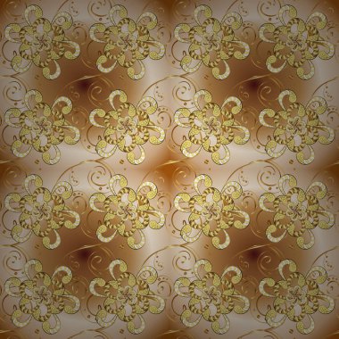 Oryantal tarzı arabesk. Parlak dantel, stilize çiçekler, paisley. Ajur hassas. Bej, kahverengi ve sarı renkler altın elemanları ile Seamless modeli. Sorunsuz altın doku bukleler. Vektör.