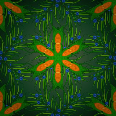 Modern güzelleşmek yeşil, turuncu ve mavi vektör arka plan duvar kağıdı illüstrasyon çiçekli vintage hat sanat oyma desenli, çiçekli süsler. Çiçek el çekilmiş seamless modeli.