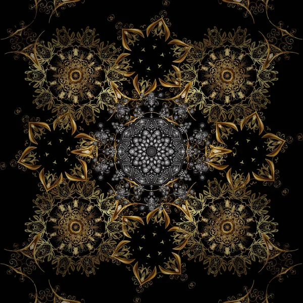 スタイリッシュなグラフィック パターン 壁紙バロック ダマスク織 シームレスなベクトルの背景 ブラック ブラウン グレー色の黄金の要素 — ストックベクタ