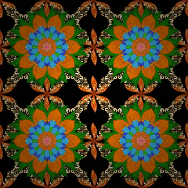 Farbe Frühling Thema Nahtlose Muster Hintergrund Blumen Auf Schwarzen Orangen — Stockvektor