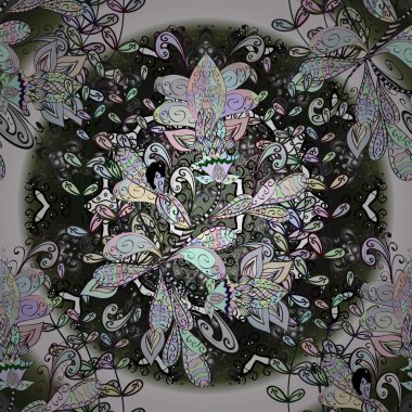 Vektör doodle süs desen etnik mandala süsleme tarafsız, gri ve yeşil renkler ile. Anahat.