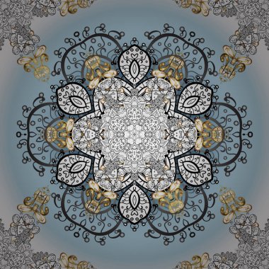 Süslü dekorasyon. Vektör çizim. Şam altın soyut çiçek süs deseni tarafsız, beyaz ve gri renkler.