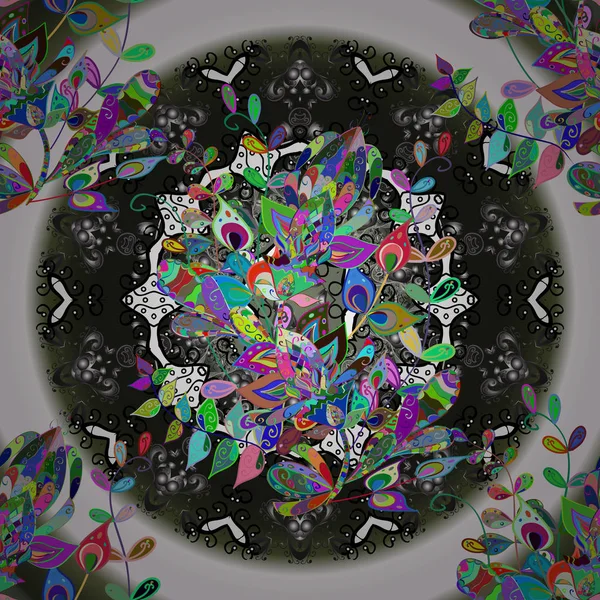 Gri, tarafsız ve yeşil renkler. Mandala vektör çiçek kitap sayfa anahat şablon halı boyama oryantal. Çiçekli süs desen.