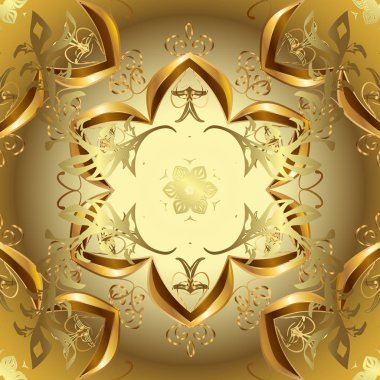 Süslü dekorasyon. Vektör çizim. Kahverengi, sarı ve nötr renkler Şam altın soyut çiçek süs deseni.