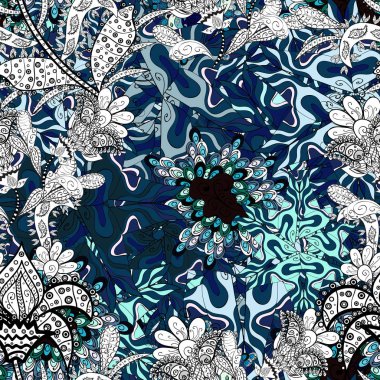 El boyalı vektör mandala, renkli üzerinde mavi, siyah ve beyaz renkleri, Hint tavuskuşu, Hint desen, renkli mandala, mandala tavus kuşu.