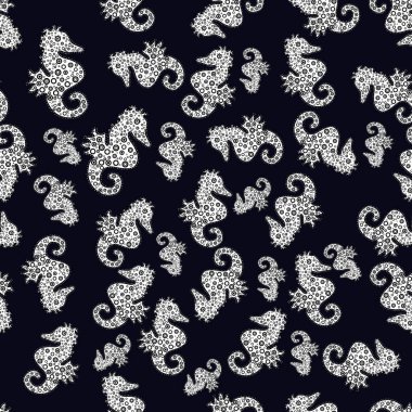 Vektör sanat. Karalamak, kroki, doodle. Tigertail deniz atı kesme. Siyah, beyaz ve gri arka plan üzerinde deniz atı. Seamless modeli. Yüzey dokuları, duvar kağıtları, web sayfası arka planlar, Tekstil için mükemmel