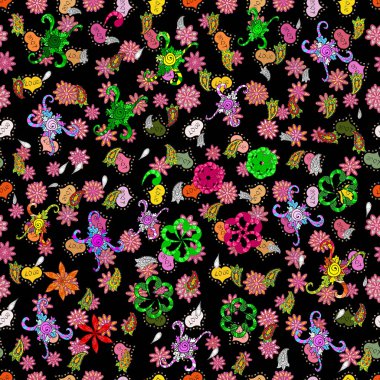 Düz öğeleri. Güzel kumaş deseni. Doodles'ın siyah, kırmızı ve yeşil renkler. Tasarım. Yazdırın. Vektör.