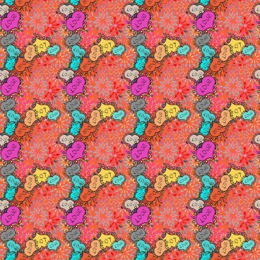 Oryantal etnik desen. Tasarım. Vektör. Dikişsiz desen kalp, aşk. Anti stres Sevgililer vintage dekoratif unsur. El çizimi turuncu, pembe renkleri çekilmiş. Boyama kitabı sayfa tasarımı.