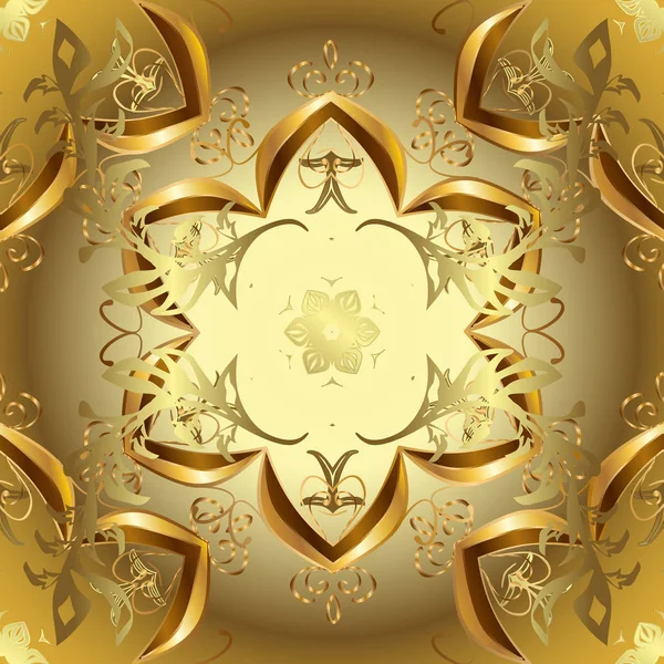 Verzierte Dekoration Vektorillustration Damastgold Abstrakte Blütenornamentmuster Auf Braunen Gelben Und — Stockvektor