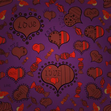 Vektör. Şirin yazı hat metin ve kalpleri, zarflar, kesintisiz aşk desenle doodles. Grafik kalpleri üzerinde mor, kahverengi ve siyah renkleri seviyorum. Çizilen illüstrasyon karikatür tarzı el.