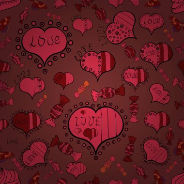 Vektör çizim. Kesintisiz ilginç tipografi. Farklı öğeler ile tasarım seviyorum. Sevgiliye arka plan üzerinde kahverengi, pembe ve siyah renkleri.