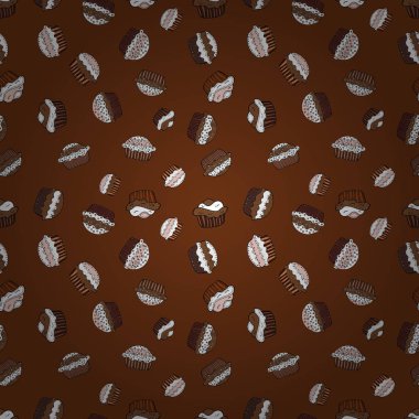 Vektör çizim. Seamless modeli ile elle çizilmiş doodle tatlılar: top kek, kek, pasta, kek. Şirin Doğum günü arka plan üzerinde kahverengi, beyaz ve siyah.