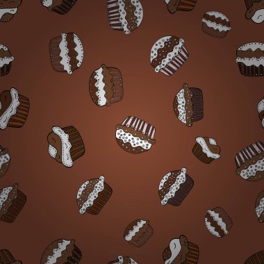 Vektör çizim. Elle çizilmiş renkli seamless modeli kekler, kahverengi, beyaz ve siyah şirin arka plan sıraladı. Tatlılar tasarım.