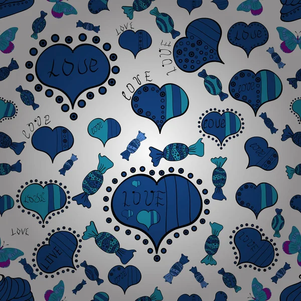 幸せなバレンタイン シームレス パターン美しい手描きの心とのシームレスです お祝い愛の背景 ベクトル 中立的な青 テキスタイル 結婚式招待状の完璧なデザイン要素 — ストックベクタ