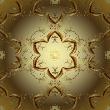 Yinelenen öğeleri ile süs arka plan. Kahverengi, tarafsız ve sarı ve altın desen. Zarif vektör Klasik desen.