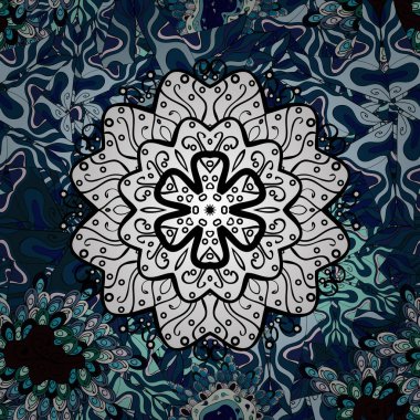 Vektör çizim. Mavi, siyah ve beyaz renkler renkli yuvarlak çiçek mandala. Tekstil, Davetiyeler, afiş ve diğer için.