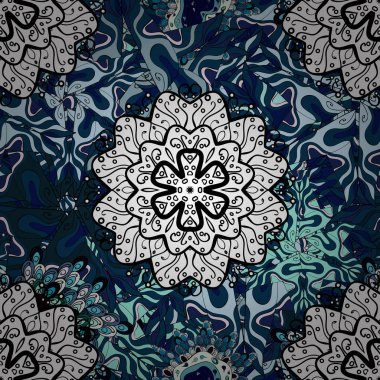 Etnik mandalalar vektör, arka plan daire doodle. Mavi, beyaz ve siyah renkler.